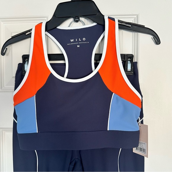 NWT WILO THE LABEL 2 Piece Ribbed Racer Panel Bra Legging Set Navy Orange Sz M - Picture 1 of 10